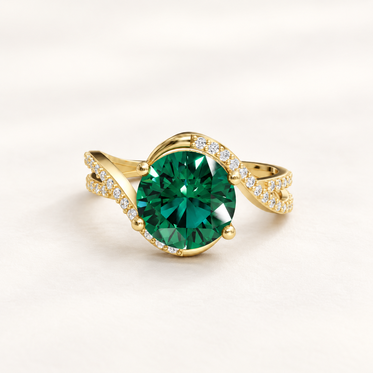 2.00 CT Round Cut Emerald Green Gemstone Ring in 10K 14K 18K Yellow Gold, White Gold & Rose Gold | Asymmetrical Swirl Pavé Crisscross Engagement Ring | NyvaaraLuxe