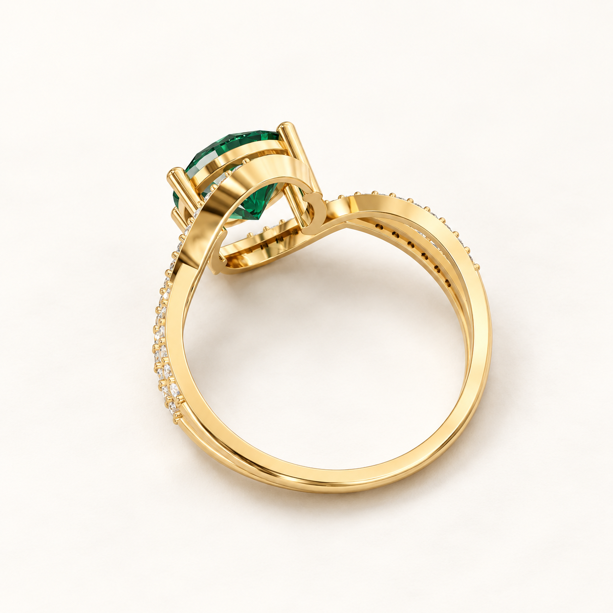 2.00 CT Round Cut Emerald Green Gemstone Ring in 10K 14K 18K Yellow Gold, White Gold & Rose Gold | Asymmetrical Swirl Pavé Crisscross Engagement Ring | NyvaaraLuxe - view 2
