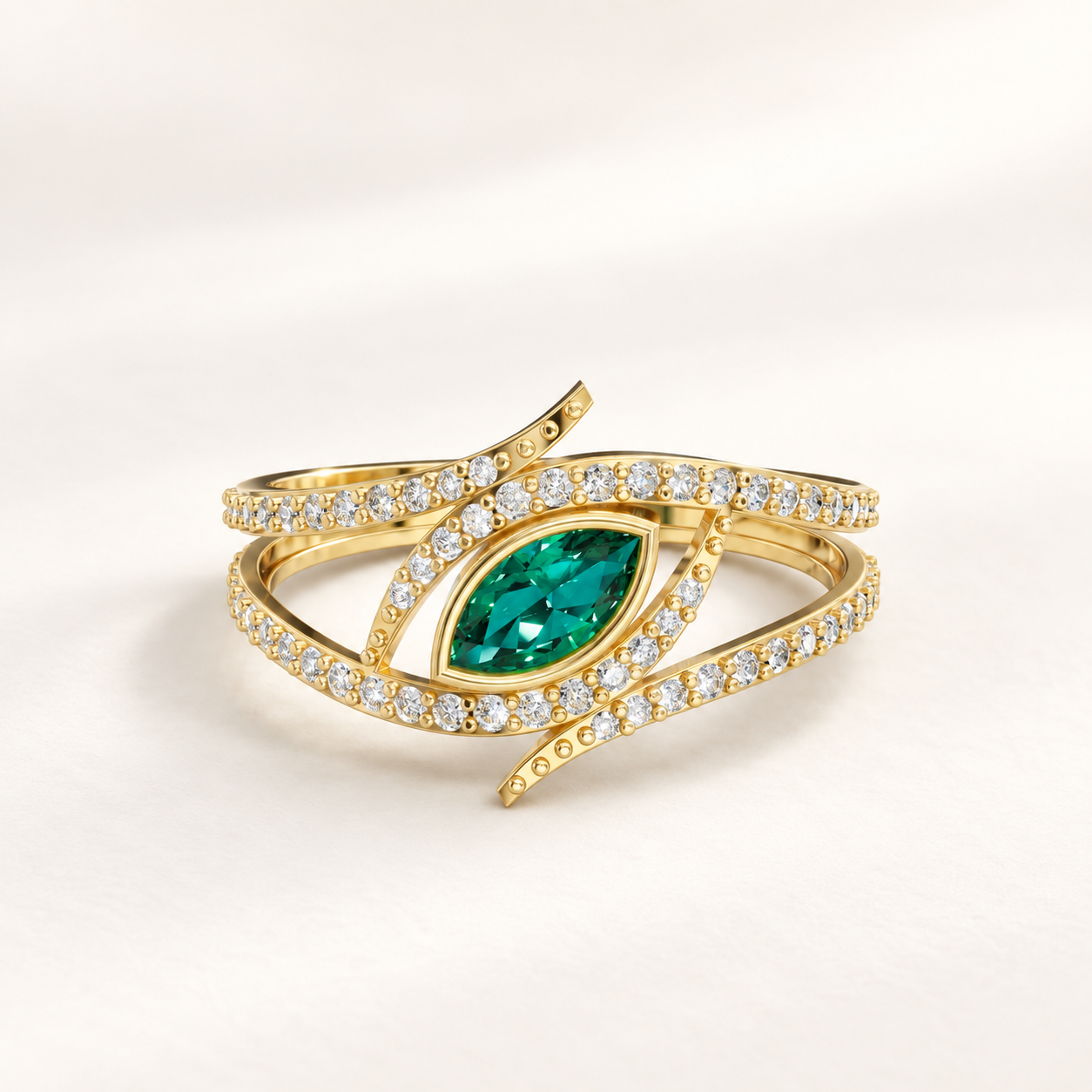 1.30 CT Marquise Cut Emerald Green Gemstone Ring in 10K 14K 18K Yellow Gold, White Gold & Rose Gold | Asymmetrical Swirl Pavé Crisscross Statement Ring | NyvaaraLuxe
