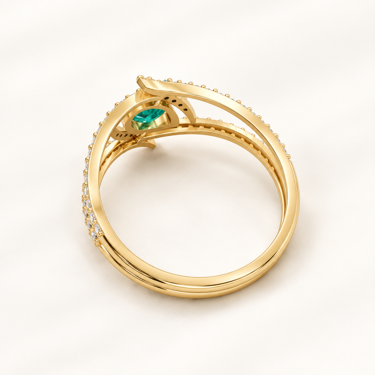 1.30 CT Marquise Cut Emerald Green Gemstone Ring in 10K 14K 18K Yellow Gold, White Gold & Rose Gold | Asymmetrical Swirl Pavé Crisscross Statement Ring | NyvaaraLuxe - view 2
