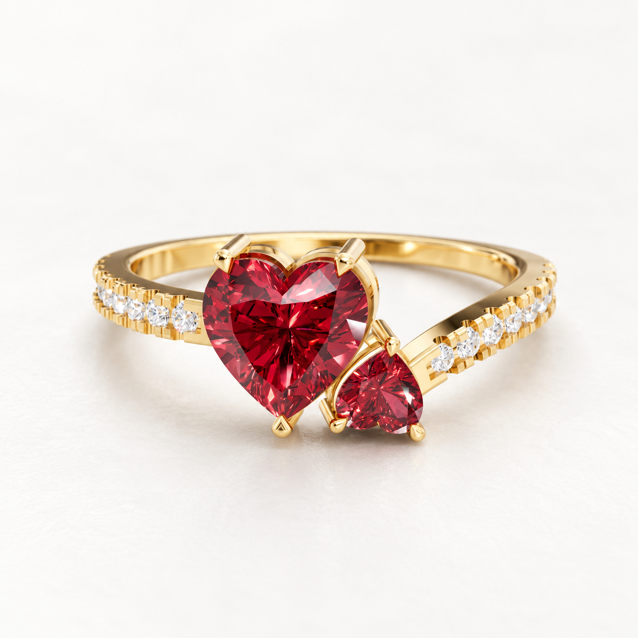 1.00 CT Heart Cut Ruby Red Gemstone Toi et Moi Ring in 10K 14K 18K Yellow Gold, White Gold & Rose Gold | Double Heart Pavé Engagement Ring | NyvaaraLuxe