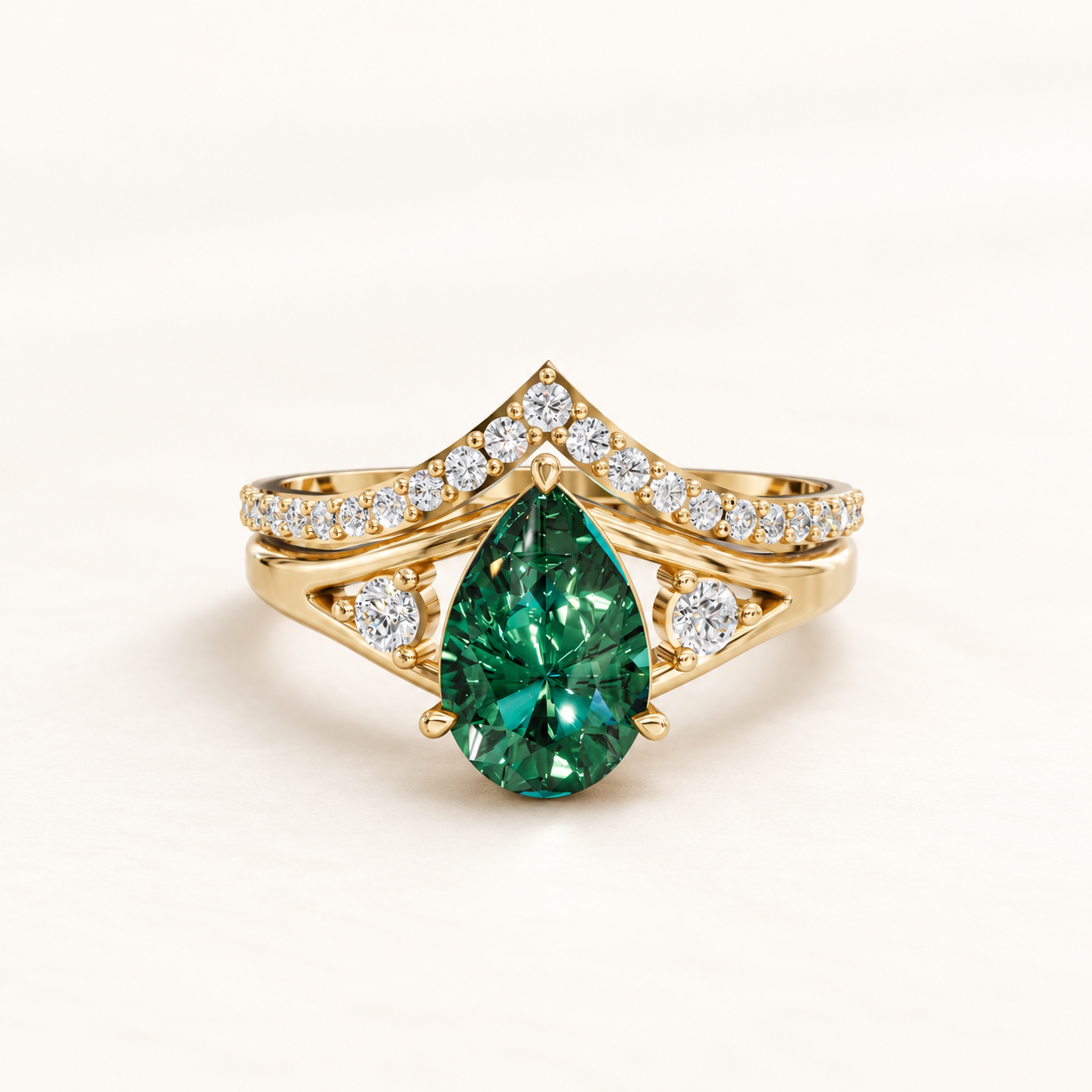 1.08 CT Pear Cut Emerald Green Gemstone Ring in 10K 14K 18K Yellow Gold, White Gold & Rose Gold | V-Shaped Pavé Chevron Bridal Engagement Ring | NyvaaraLuxe