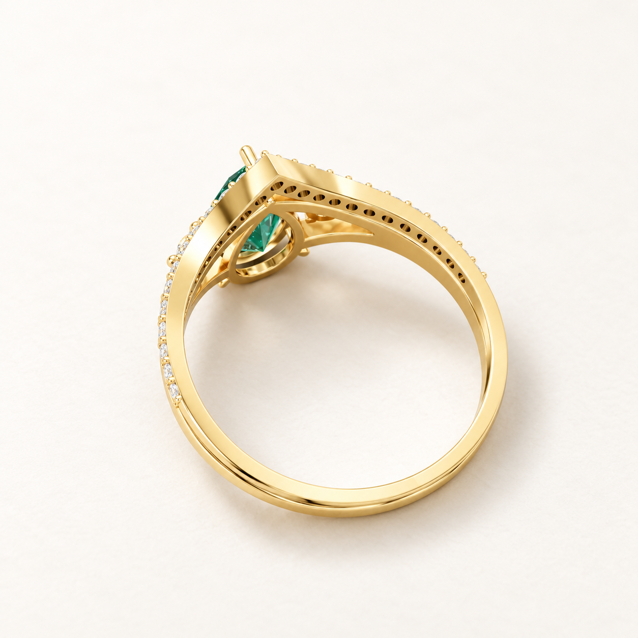 1.08 CT Pear Cut Emerald Green Gemstone Ring in 10K 14K 18K Yellow Gold, White Gold & Rose Gold | V-Shaped Pavé Chevron Bridal Engagement Ring | NyvaaraLuxe - view 2
