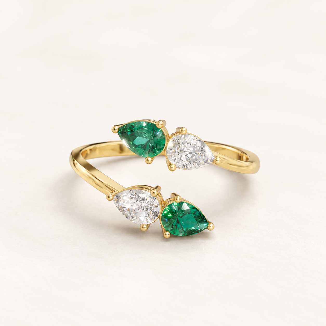 0.92 CT Pear Cut Emerald Green Gemstone Ring in 10K 14K 18K Yellow Gold, White Gold & Rose Gold | Four Stone Open Bypass Toi et Moi Engagement Ring | NyvaaraLuxe