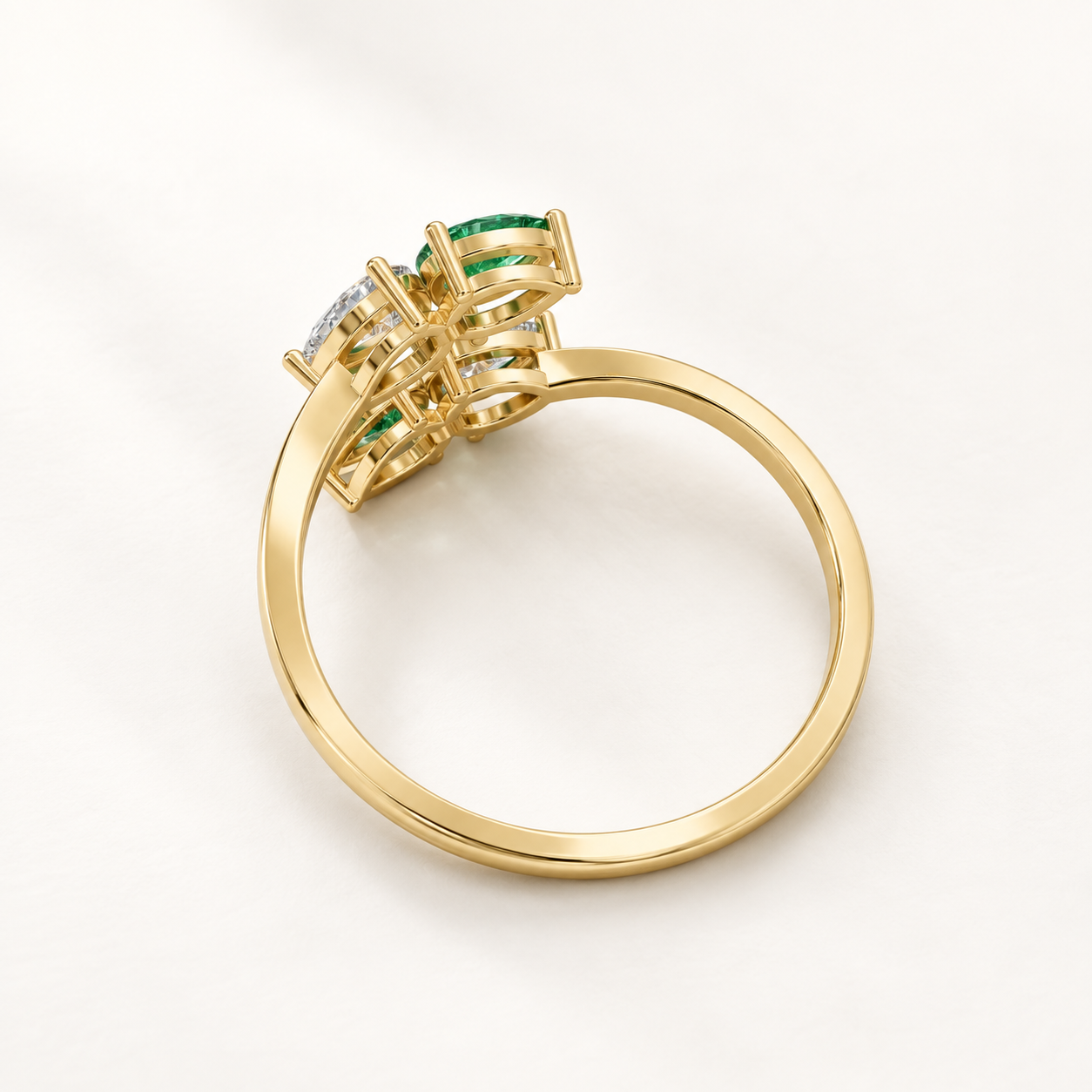 0.92 CT Pear Cut Emerald Green Gemstone Ring in 10K 14K 18K Yellow Gold, White Gold & Rose Gold | Four Stone Open Bypass Toi et Moi Engagement Ring | NyvaaraLuxe - view 2
