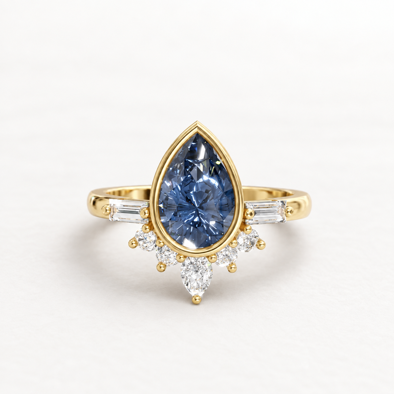 1.15 CT Pear Cut Sapphire Blue Gemstone Ring in 10K 14K 18K Yellow Gold, White Gold & Rose Gold | Bezel Set Vintage-Inspired Diamond Accent Engagement Ring | NyvaaraLuxe
