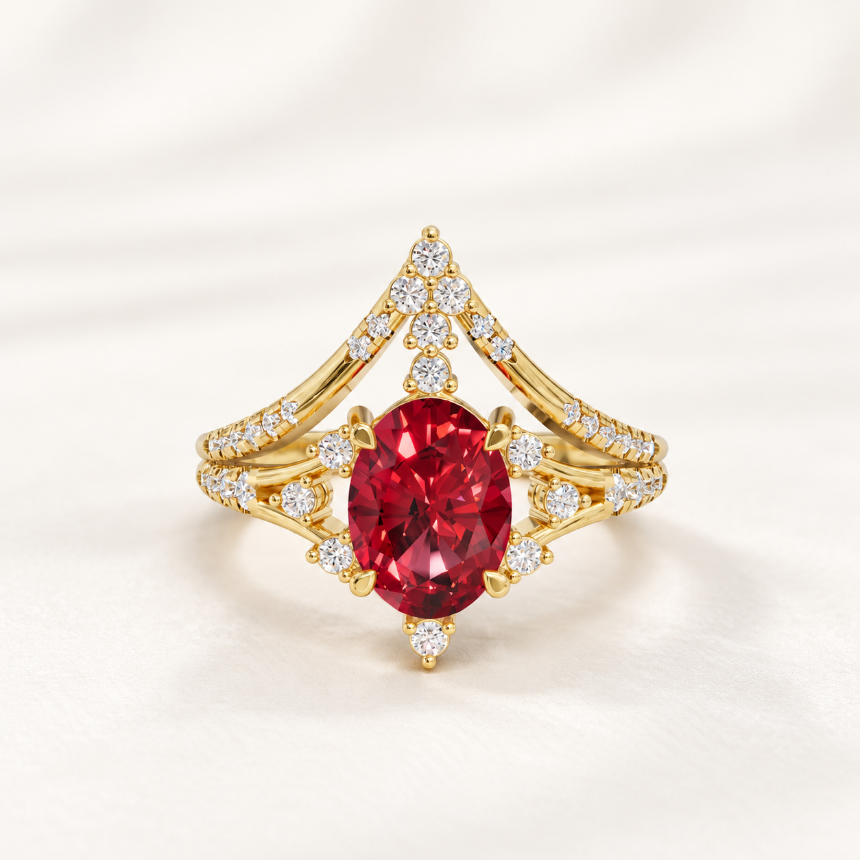 1.75 CT Oval Cut Ruby Red Gemstone Ring in 10K 14K 18K Yellow Gold, White Gold & Rose Gold | V-Shaped Pavé Crown Bridal Engagement Ring | NyvaaraLuxe