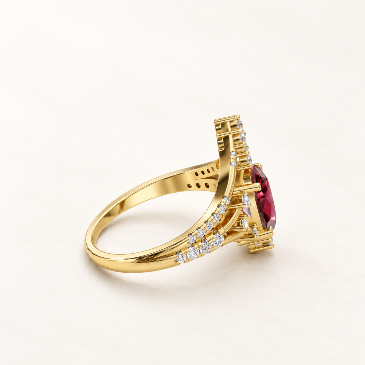 1.75 CT Oval Cut Ruby Red Gemstone Ring in 10K 14K 18K Yellow Gold, White Gold & Rose Gold | V-Shaped Pavé Crown Bridal Engagement Ring | NyvaaraLuxe - view 2