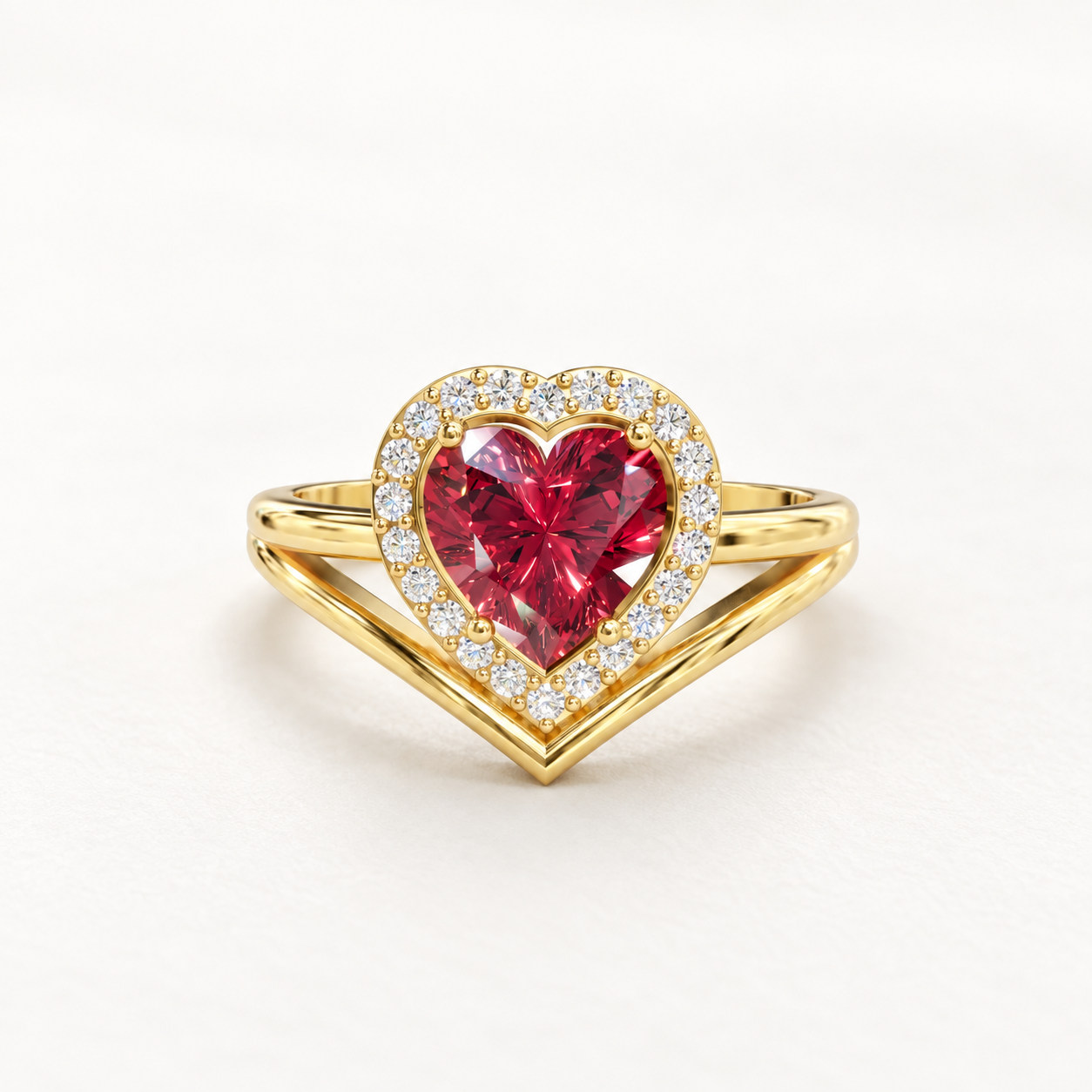 1.10 CT Heart Cut Ruby Red Gemstone Ring in 10K 14K 18K Yellow Gold, White Gold & Rose Gold | Heart Halo Chevron Bridal Engagement Ring | NyvaaraLuxe