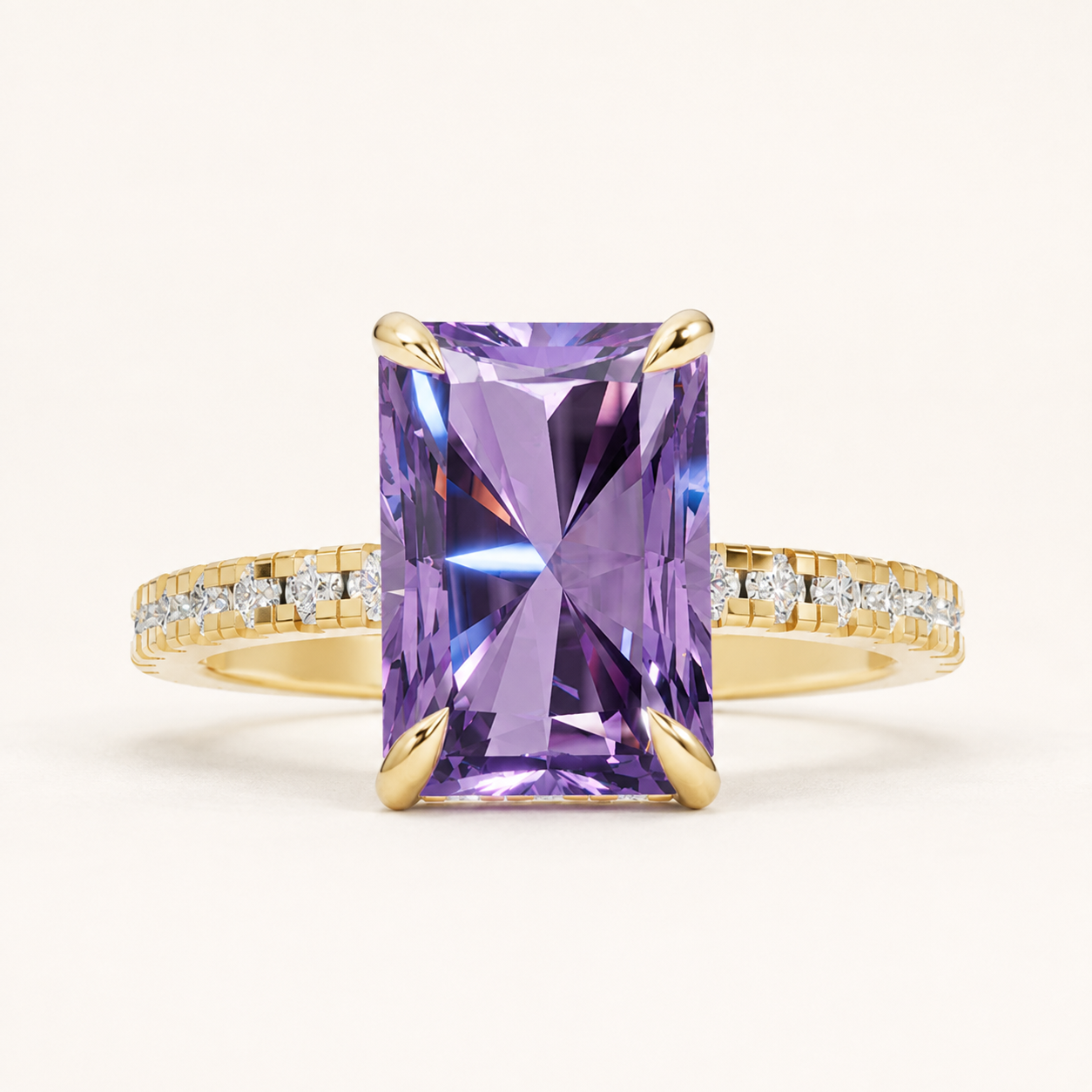 5.00 CT Purple Radiant Cut Statement Gemstone Ring in 10K 14K 18K Yellow Gold, White Gold & Rose Gold | NyvaaraLuxe