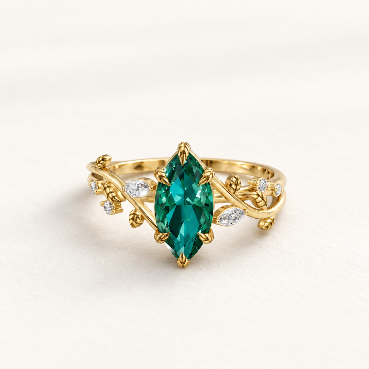 0.980 CT Green Marquise Lab-Grown Diamond Botanical Ring in White Gold, Yellow Gold & Rose Gold