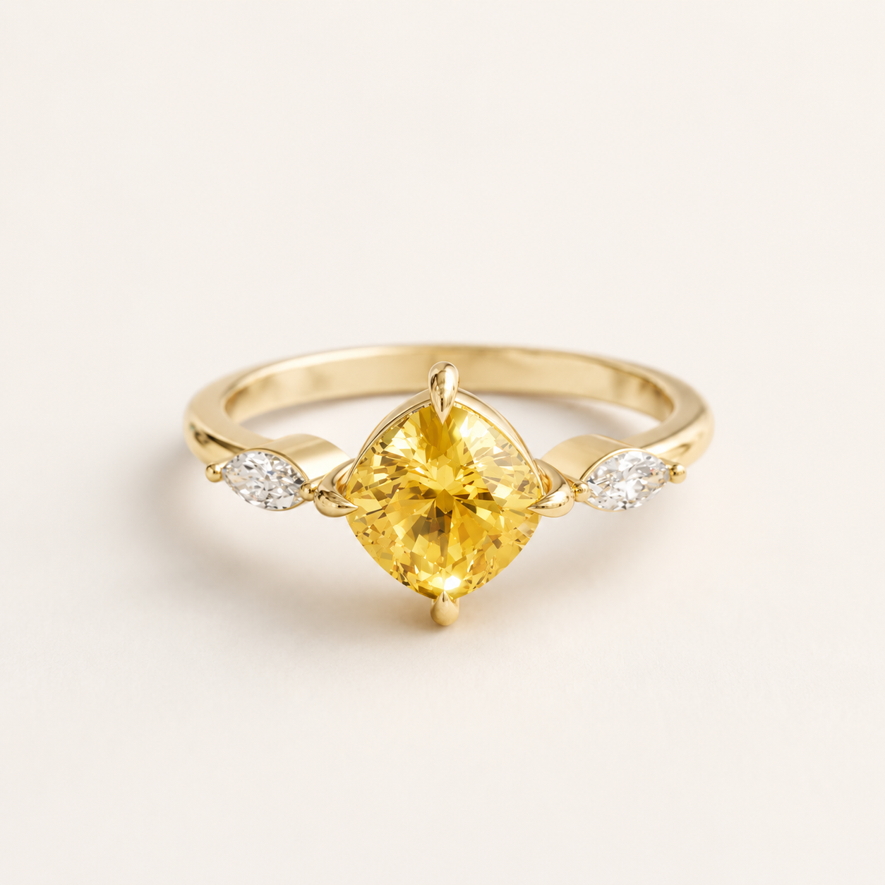 1.45 CT Cushion Cut Golden Yellow Gemstone Ring in 10K 14K 18K Yellow Gold, White Gold & Rose Gold | Three Stone Marquise Accent Engagement Ring | NyvaaraLuxe